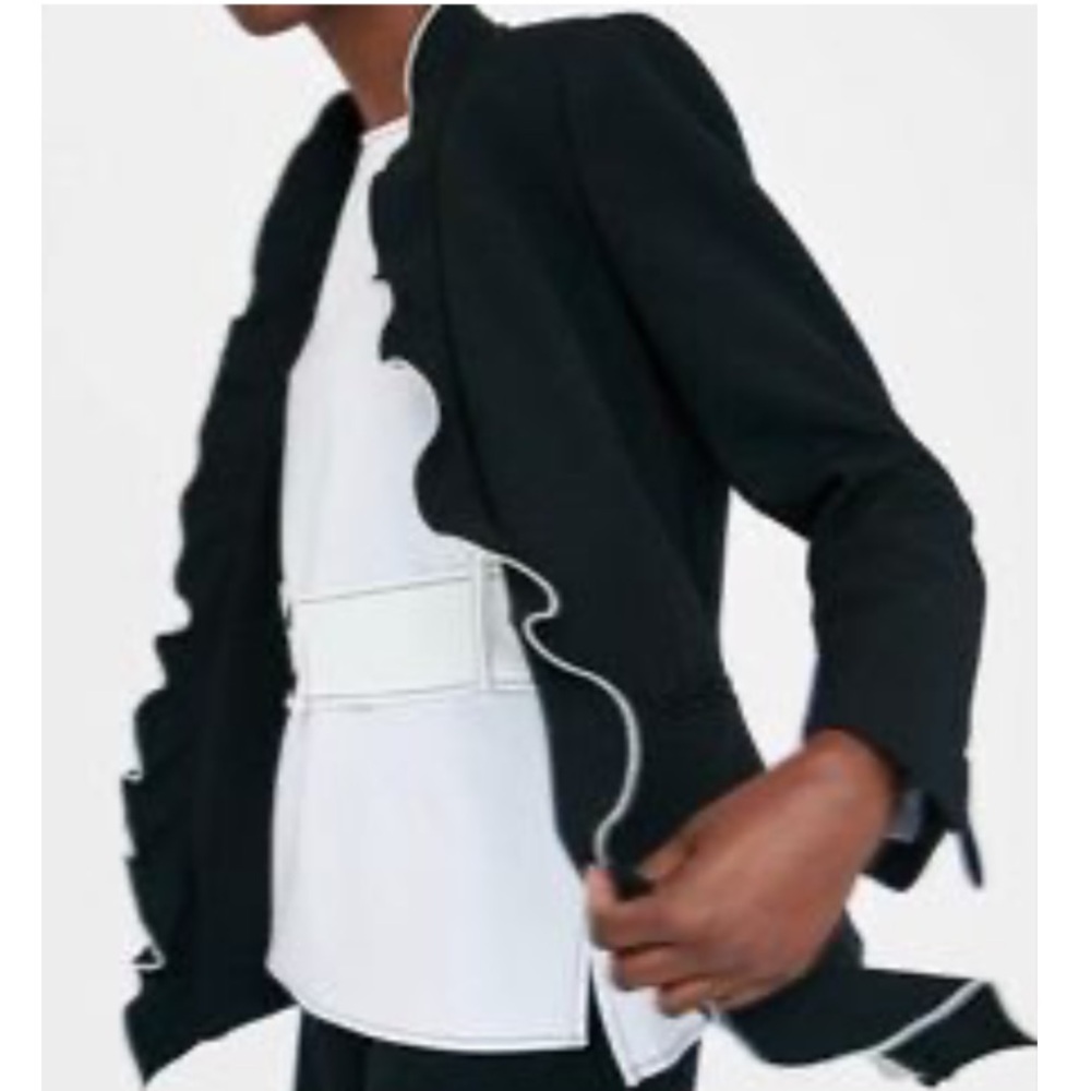 Zara Basic Blazer W/ Ruffle Lapel Collar, Contras… - image 3